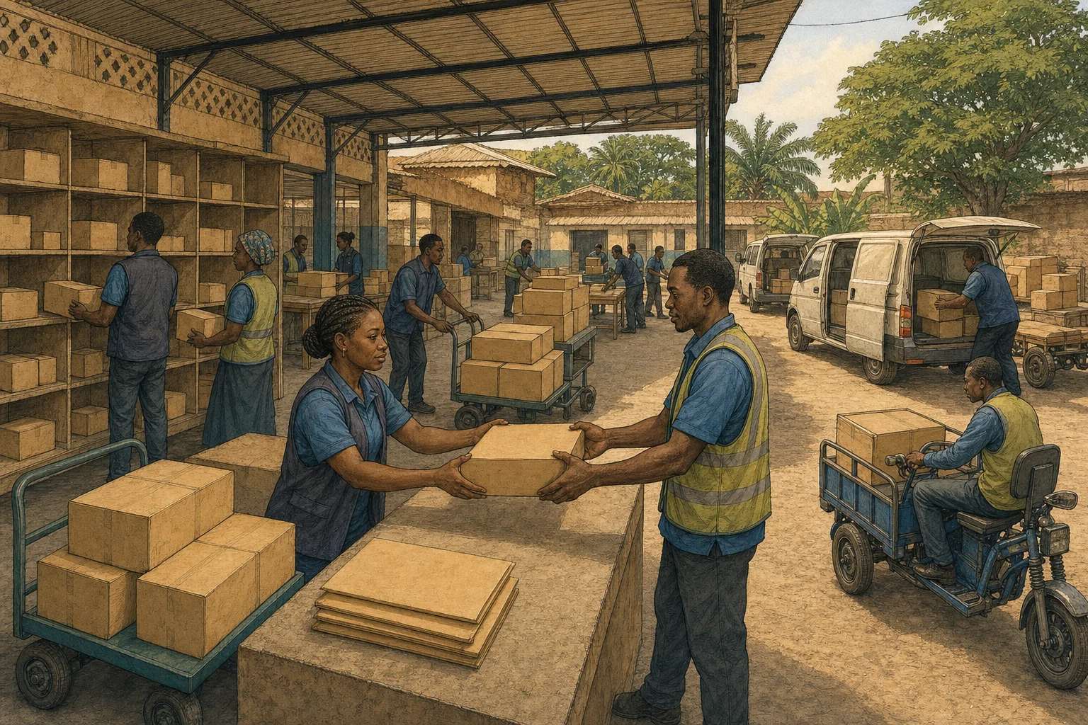 Teams coordinating publishing and technical work across several floors of a Nigerian studio