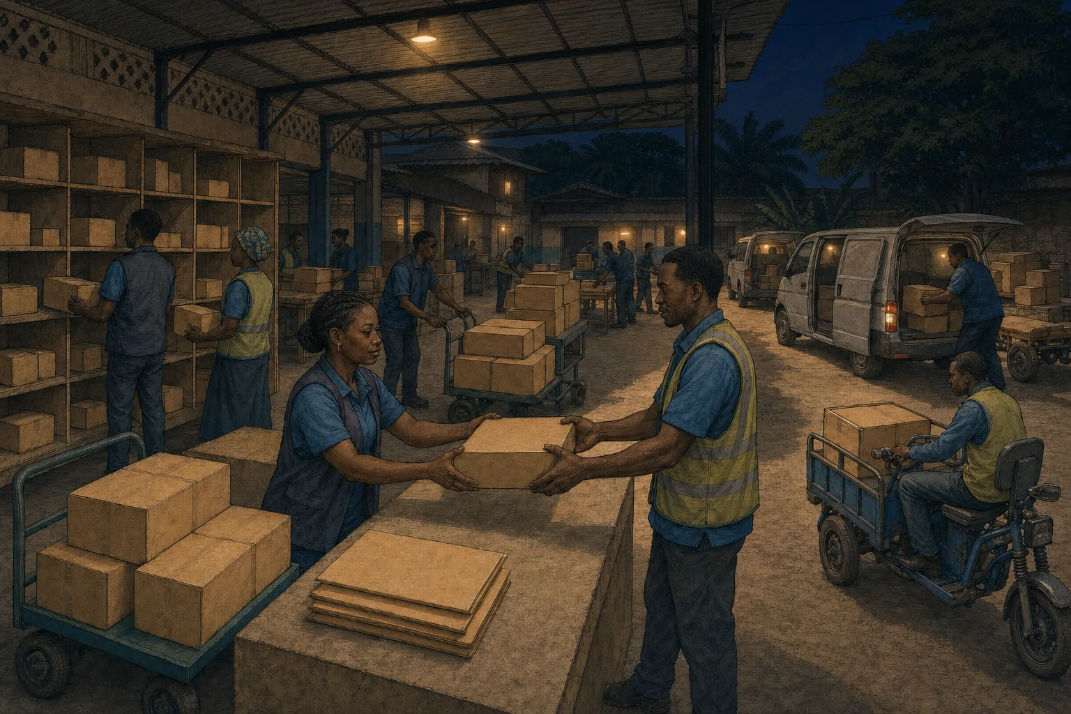 Teams coordinating publishing and technical work across several floors of a Nigerian studio