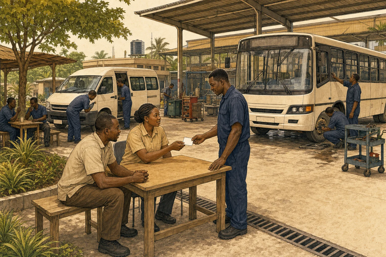 Engineers repairing communications equipment at a waterside station at night