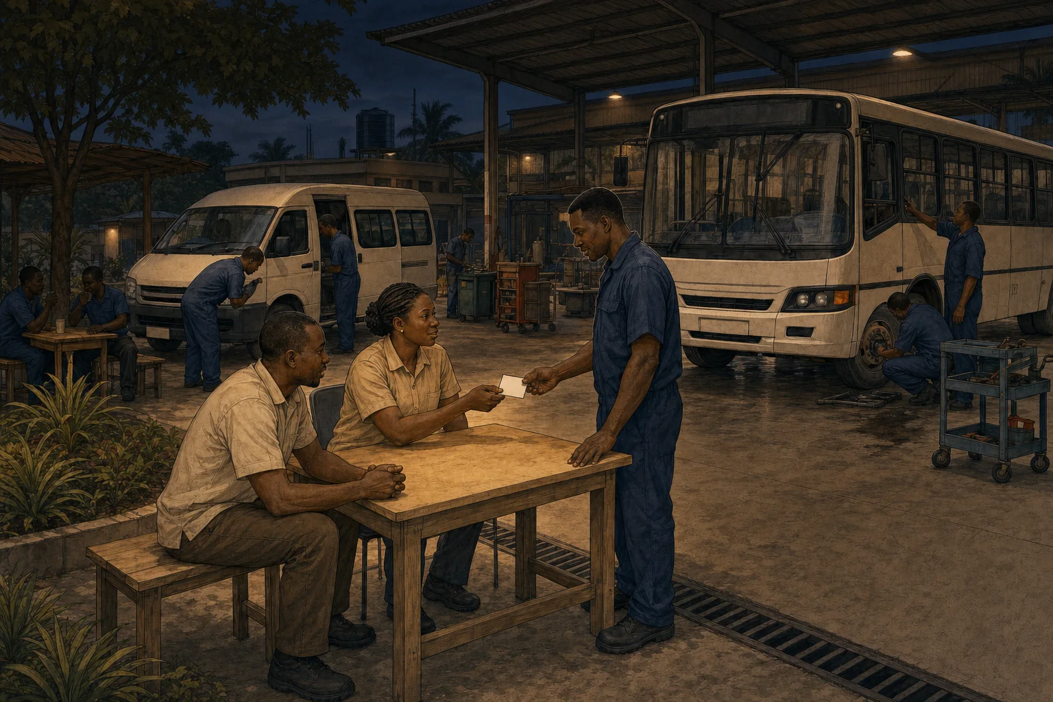 Engineers repairing communications equipment at a waterside station at night