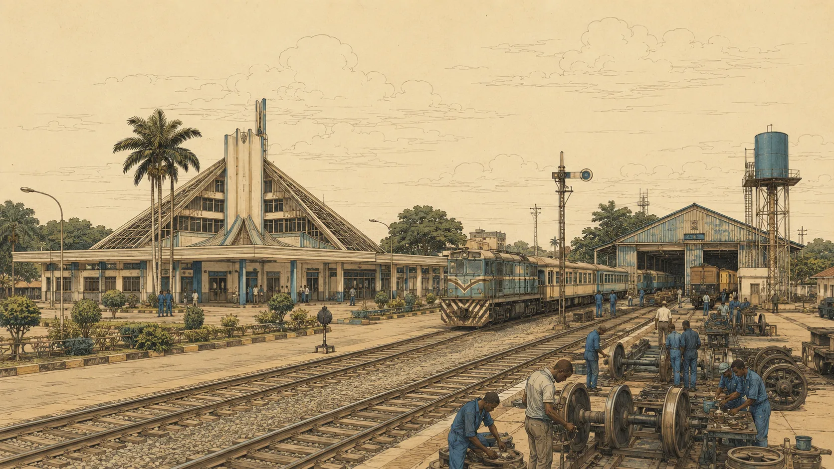 A Nigerian engineering team prototyping tools beside an urban rail corridor