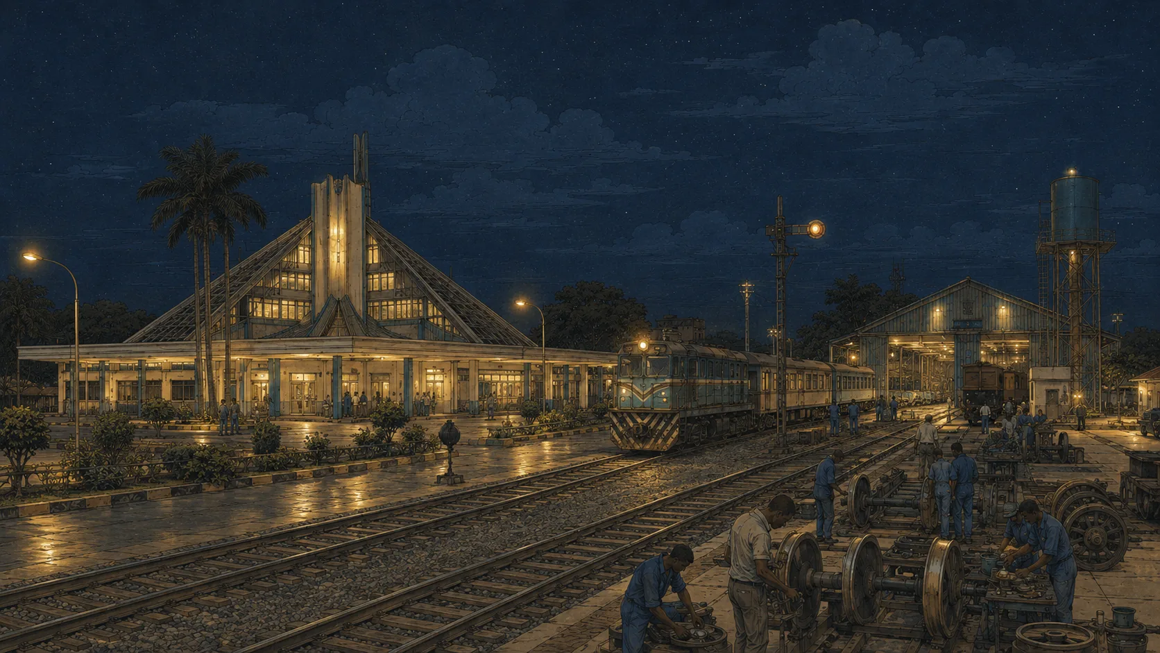 A Nigerian engineering team prototyping tools beside an urban rail corridor