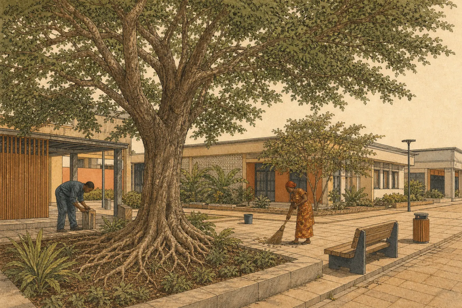 A large shade tree cared for by workers in an Airix Atlas courtyard