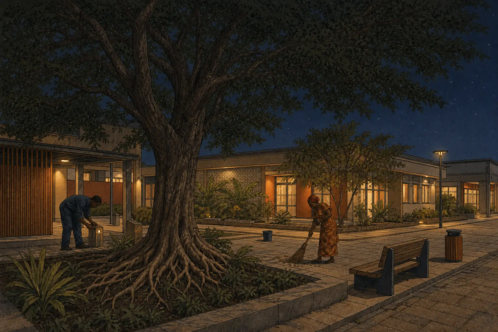 A large shade tree cared for by workers in an Airix Atlas courtyard at night